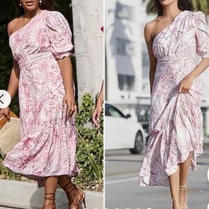 NWT SPRING DRESS!  one shoulder white and red tropical toile midi dress